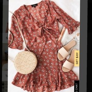 Terra Cotta Floral Print Two Piece Dress